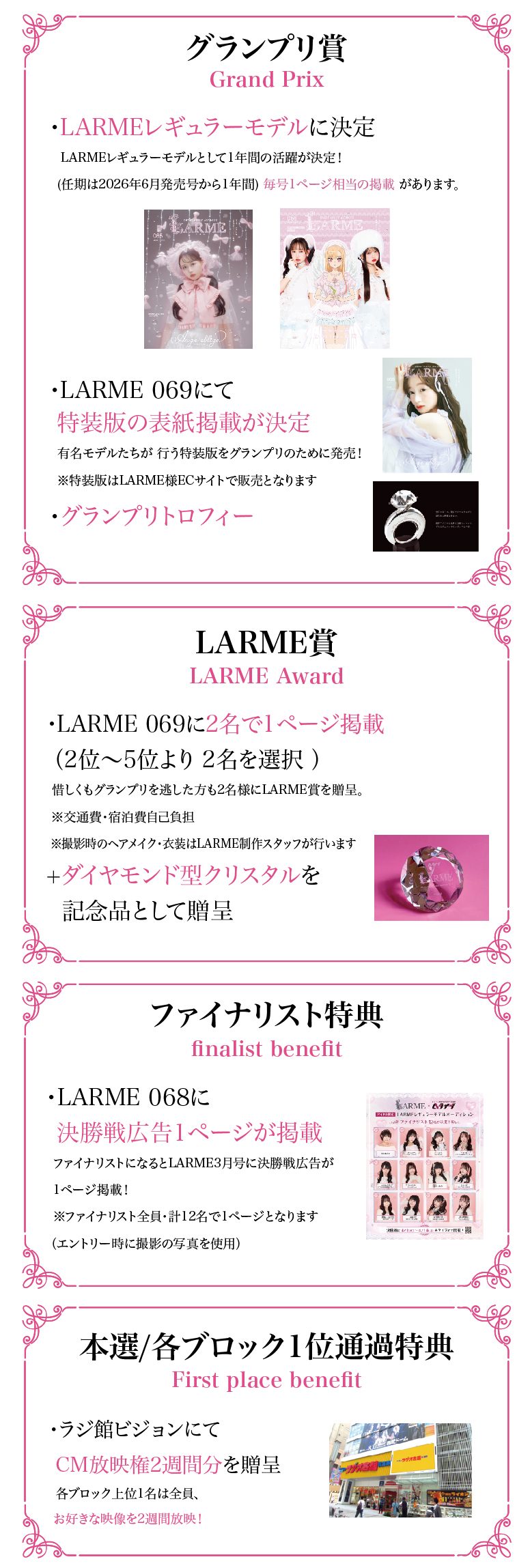 グランプリ賞：LAERMEレギュラーモデルに決定。グランプリトロフィー他。LARME賞：LARME 069に2名で1ページ掲載。ダイヤモンド型クリスタル。ファイナリスト特典：LARME 068に決勝戦広告1ページが掲載。本選/各ブロック1位通過特典：ラジ館ビジョンにてCM放送権2週間分。